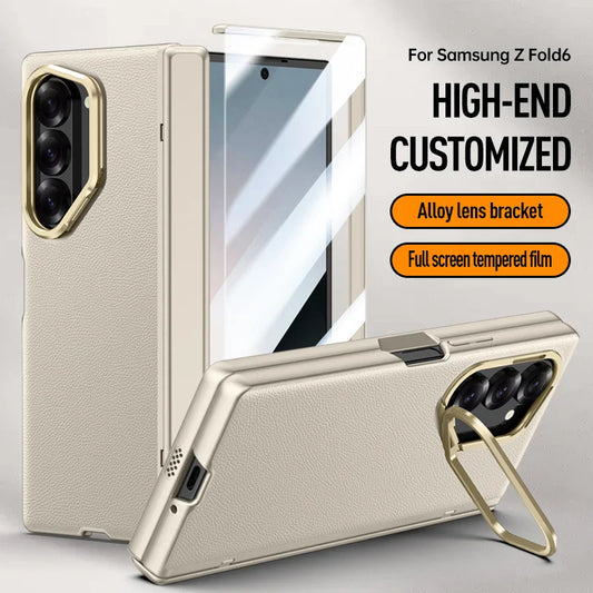 Z Fold 6 PU Leather Shockproof Case with Hinge Protection & HD Tempered Glass